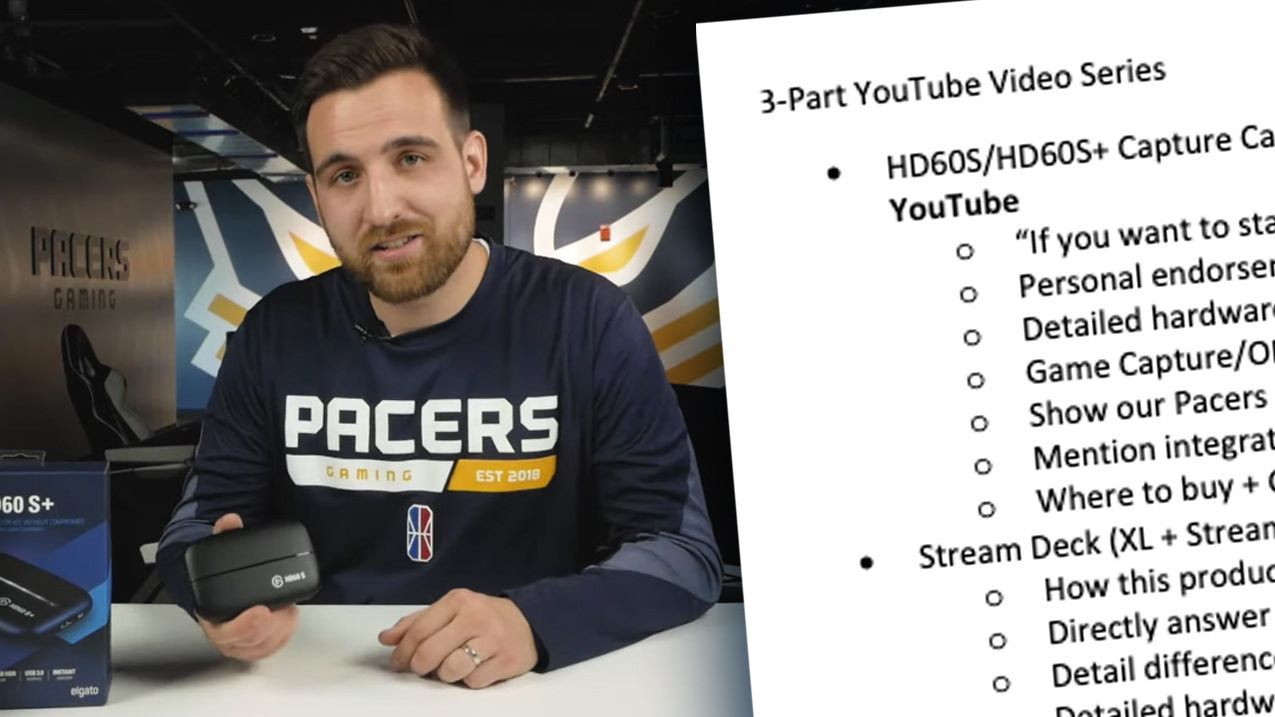 Spencer on camera holding an Elgato capture card, next to the series brief