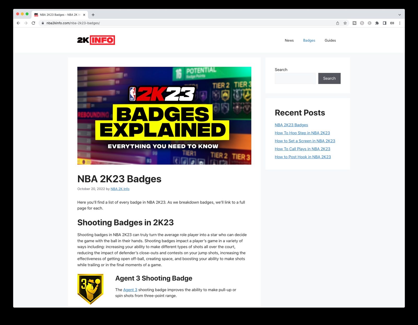 NBA 2K Info website homepage with a badges explainer article