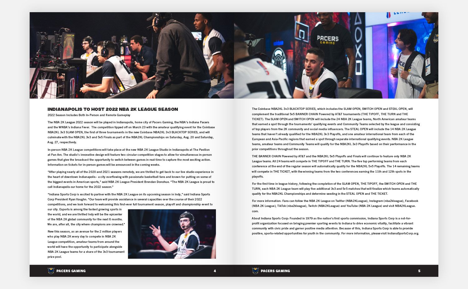 Media guide opening spread with event photography