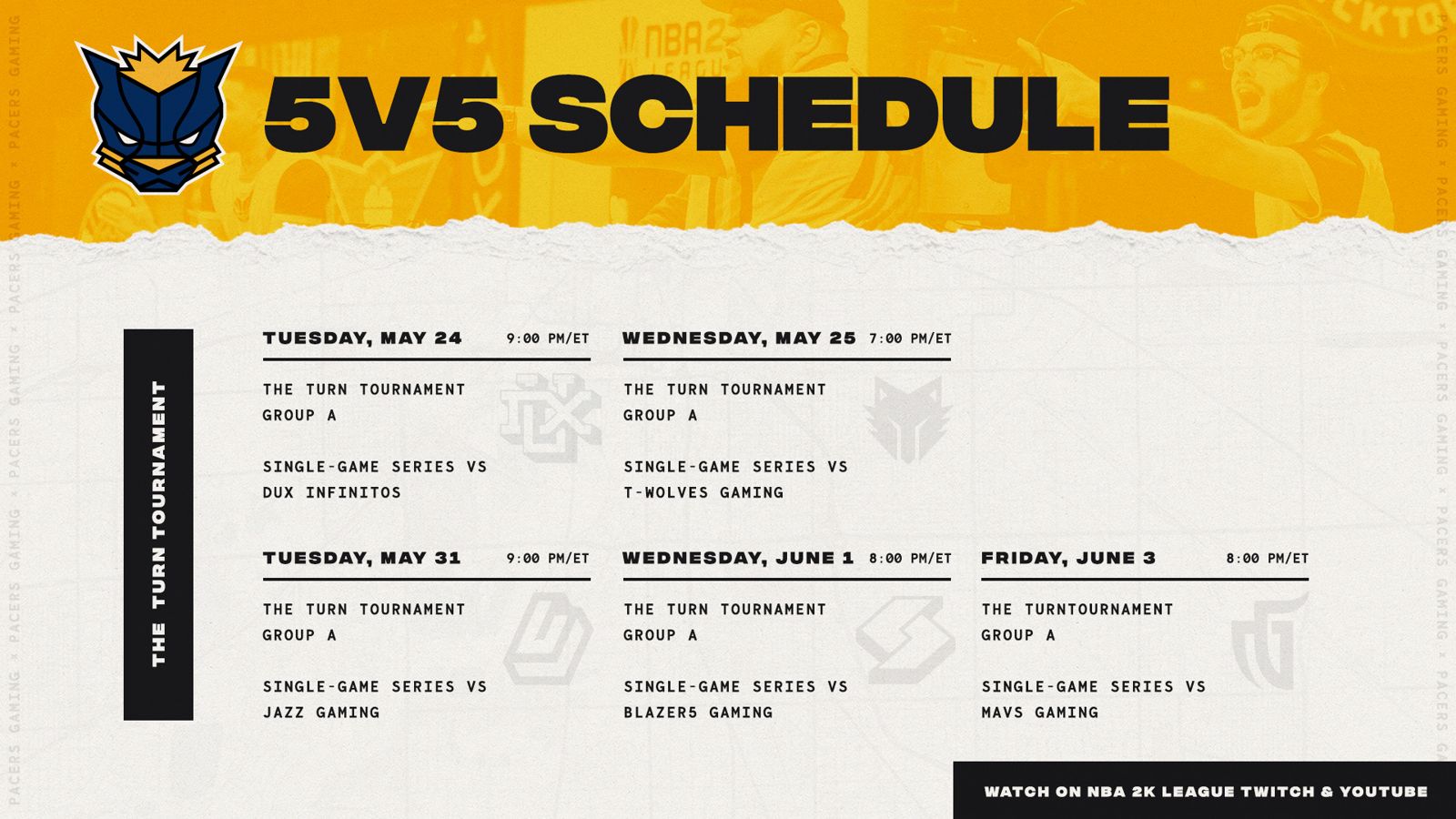 5v5 season schedule graphic in navy and gold