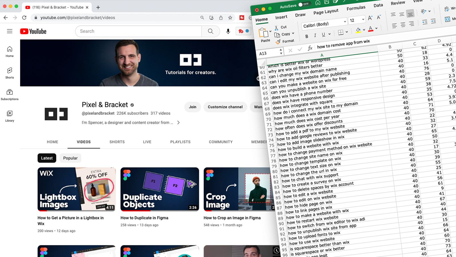 YouTube Studio analytics next to a keyword research spreadsheet