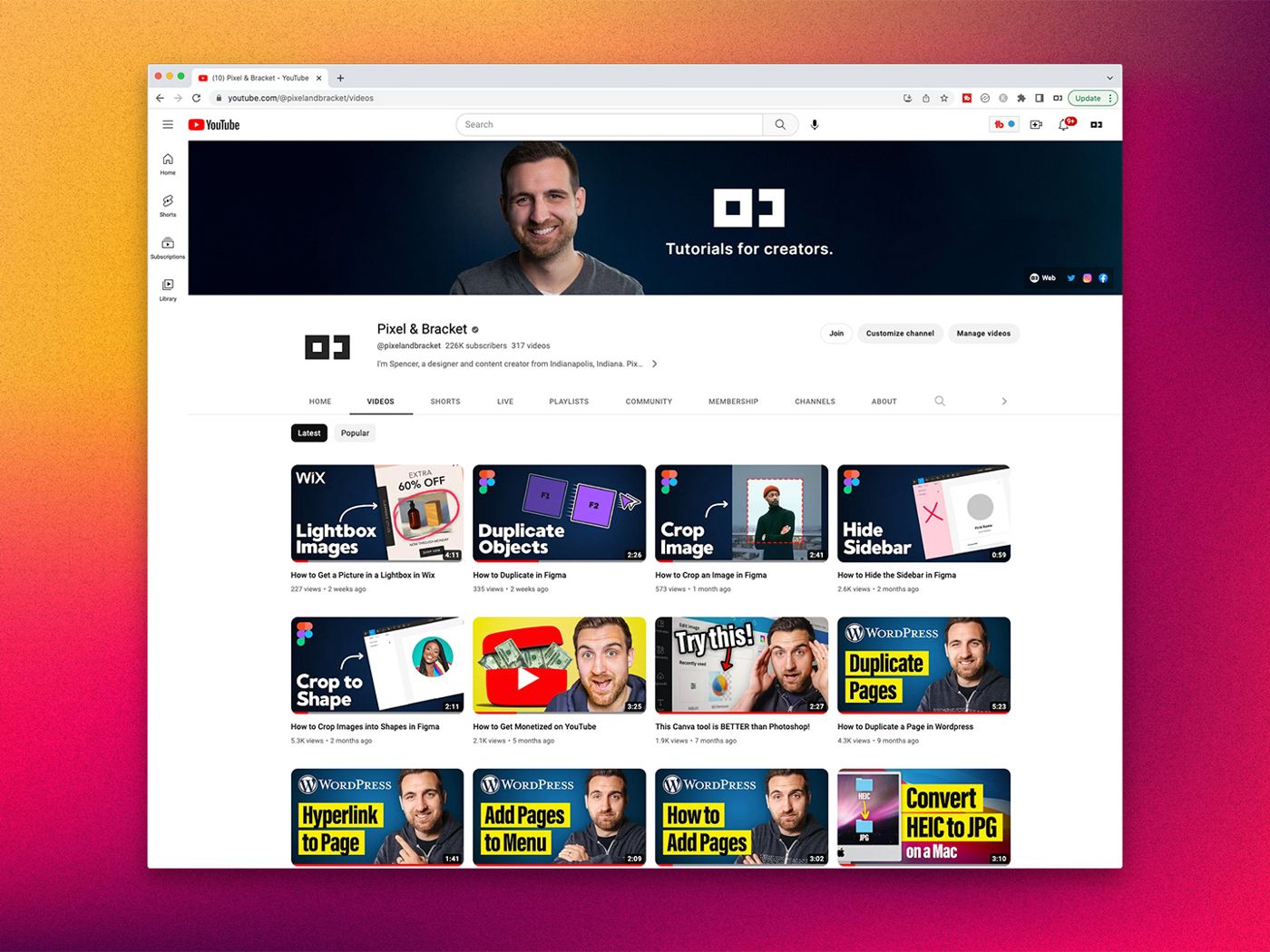 Pixel & Bracket YouTube channel page with tutorial thumbnails